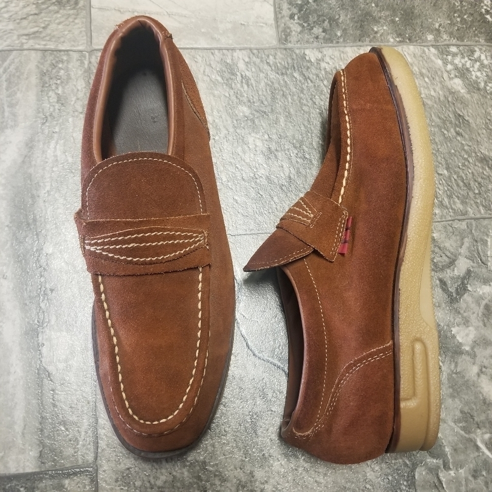 Vintage 70s Iron Age Steel Toe Brown Suede Leather Moccasin Loafers Men's 11